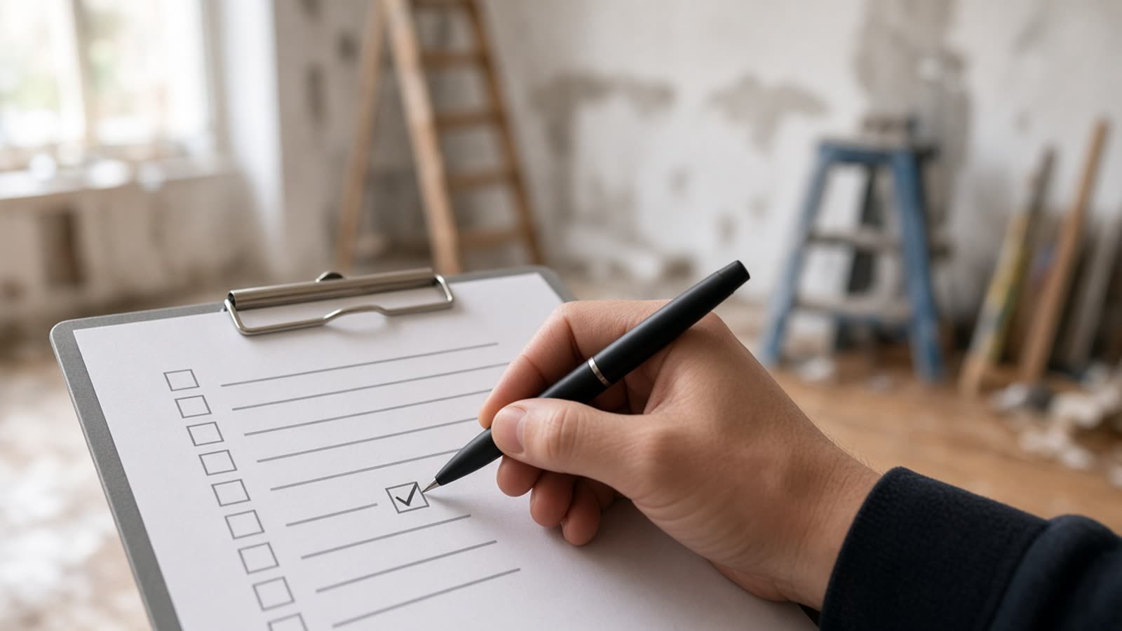 KI-generiertes Symbolbild: Abhaken einer Checkliste während der Wohnungssanierung
